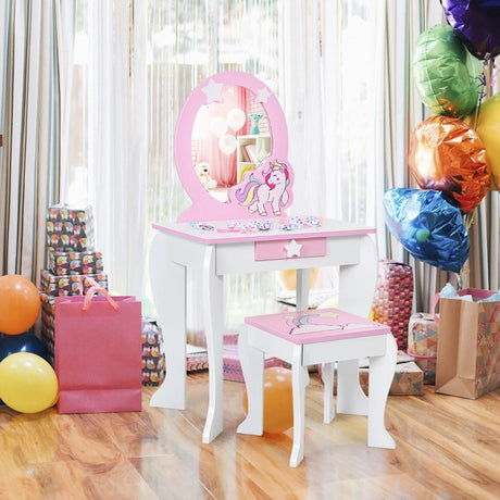 Children&#39;s dressing table set princess dressing table made of wood with stool mirror drawer white + pink