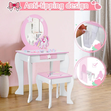 Children&#39;s dressing table set princess dressing table made of wood with stool mirror drawer white + pink