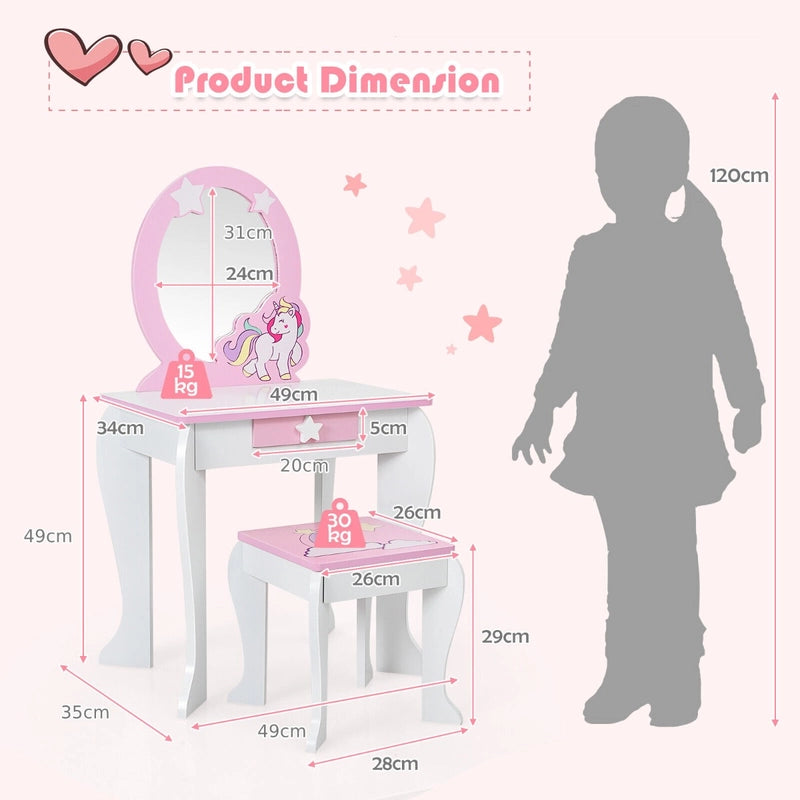 Children&#39;s dressing table set princess dressing table made of wood with stool mirror drawer white + pink