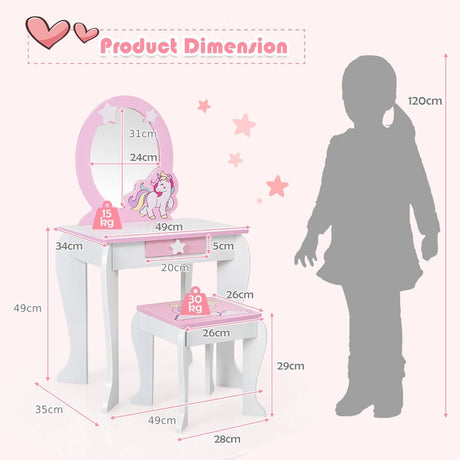 Children&#39;s dressing table set princess dressing table made of wood with stool mirror drawer white + pink