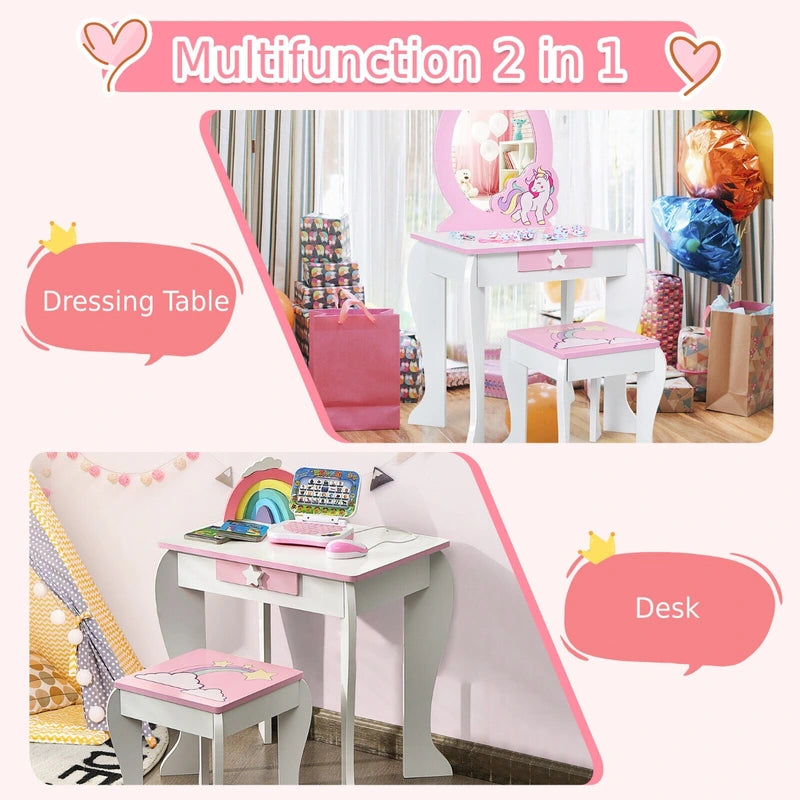 Children&#39;s dressing table set princess dressing table made of wood with stool mirror drawer white + pink