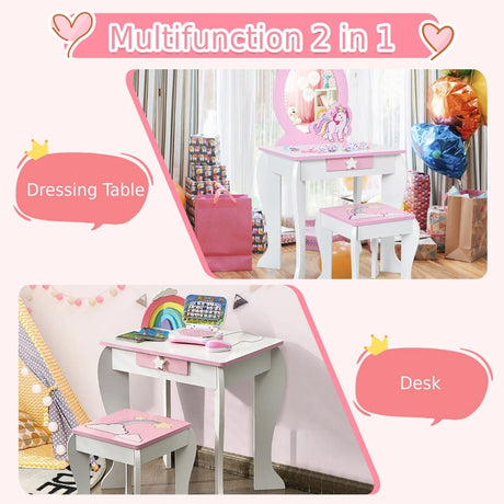Children&#39;s dressing table set princess dressing table made of wood with stool mirror drawer white + pink
