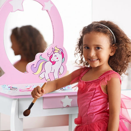 Children&#39;s dressing table set princess dressing table made of wood with stool mirror drawer white + pink