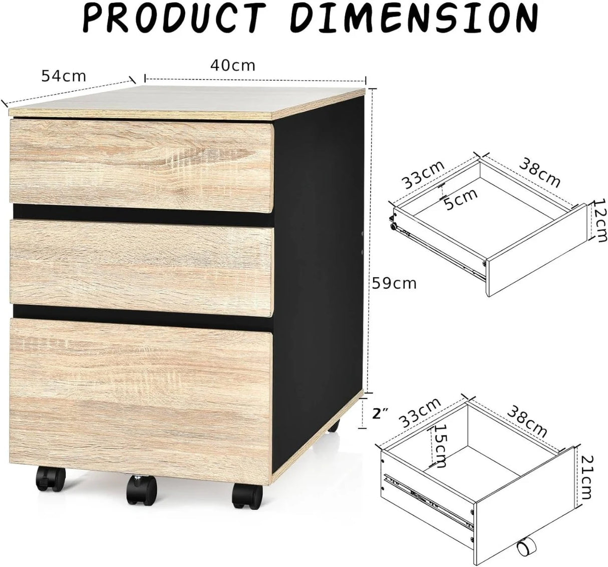 3-Drawer Mobile File Cabinet with Anti-tilt Design for Home & Office