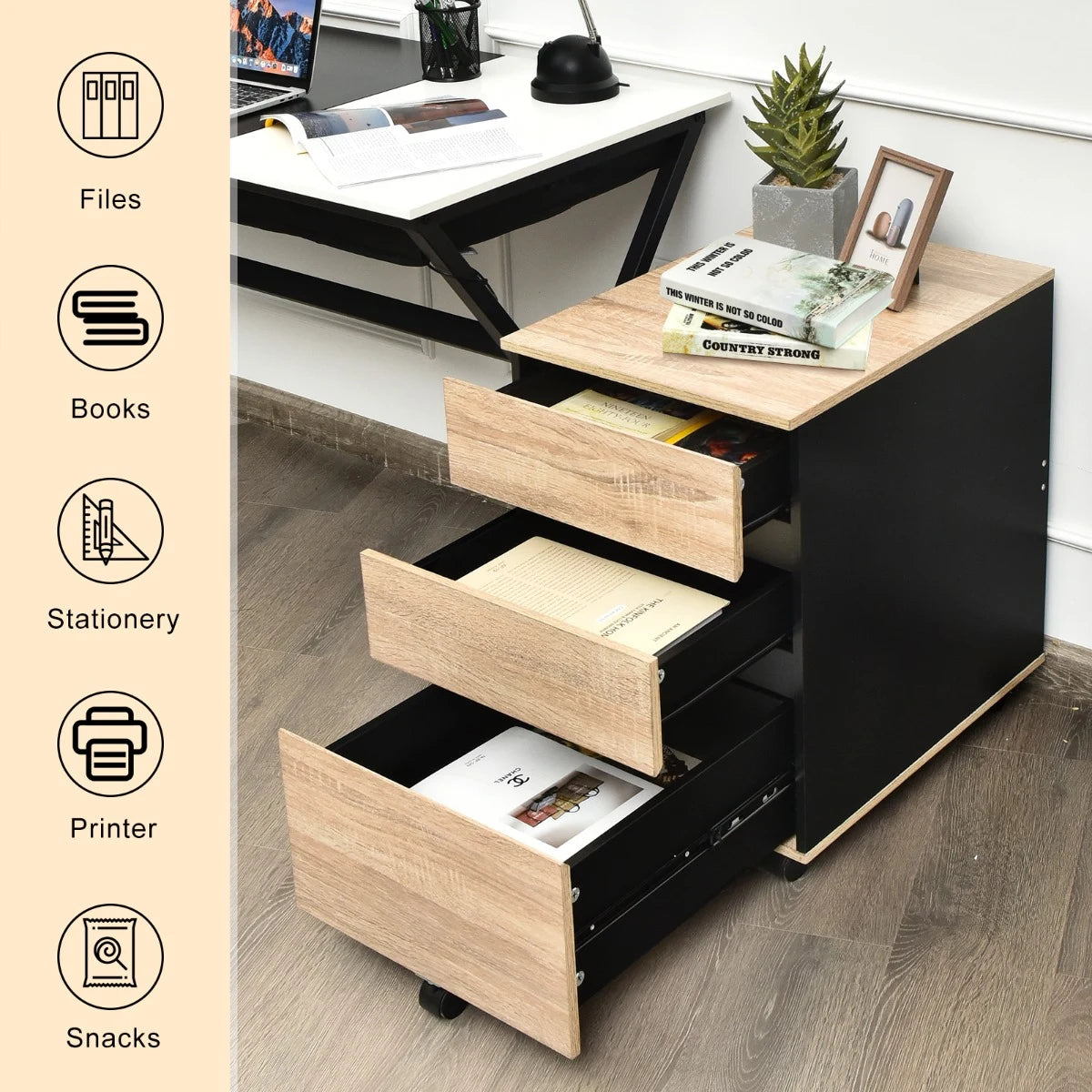 3-Drawer Mobile File Cabinet with Anti-tilt Design for Home & Office