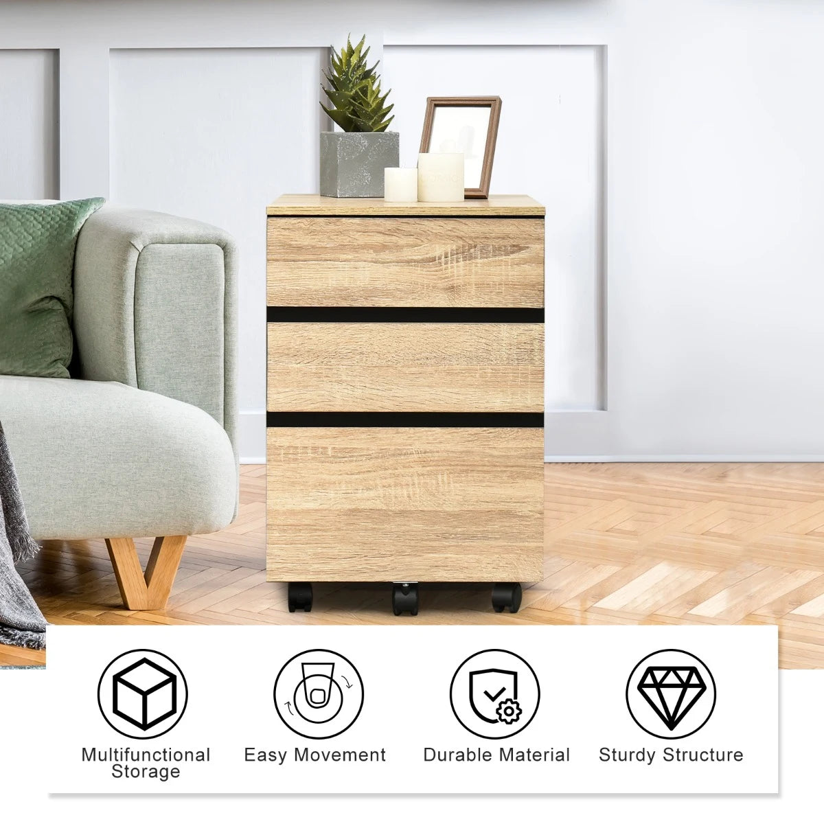 3-Drawer Mobile File Cabinet with Anti-tilt Design for Home & Office