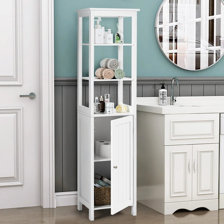 Freestanding Storage Cabinet With 3-Tier Shelf and Door for Bathroom-White