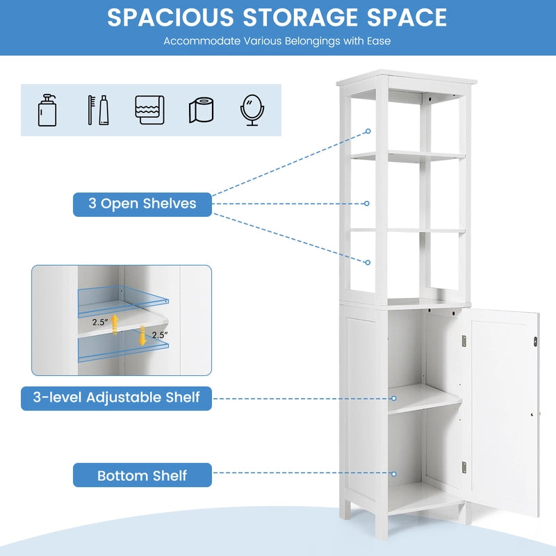 Freestanding Storage Cabinet With 3-Tier Shelf and Door for Bathroom-White