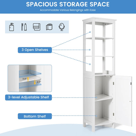 Freestanding Storage Cabinet With 3-Tier Shelf and Door for Bathroom-White