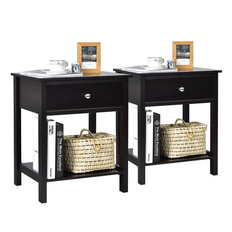 2 Pcs Wooden Nightstand End Sofa Side Table with Drawer and Storage Shelf-Black