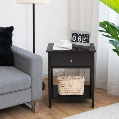 2 Pcs Wooden Nightstand End Sofa Side Table with Drawer and Storage Shelf-Black