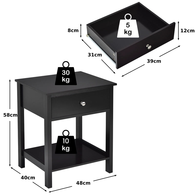2 Pcs Wooden Nightstand End Sofa Side Table with Drawer and Storage Shelf-Black