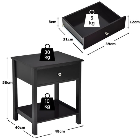 2 Pcs Wooden Nightstand End Sofa Side Table with Drawer and Storage Shelf-Black