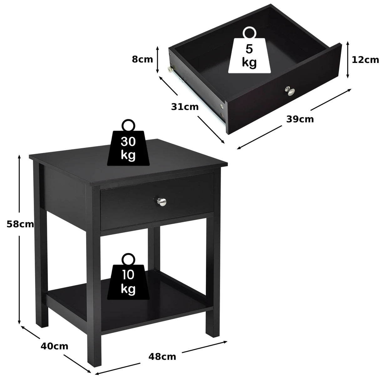 2 Pcs Wooden Nightstand End Sofa Side Table with Drawer and Storage Shelf-Black