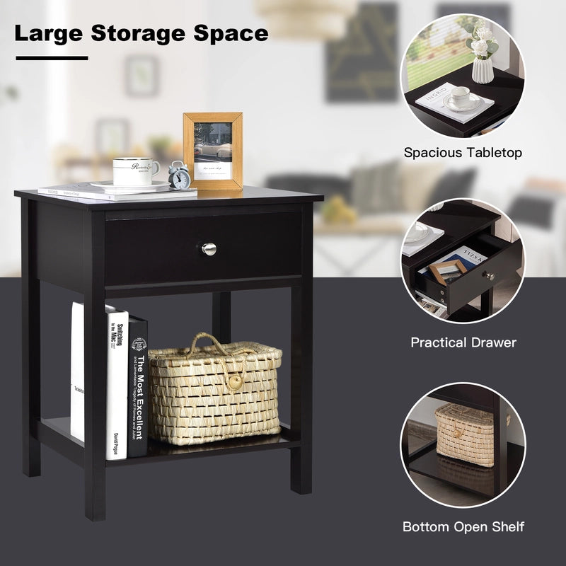 2 Pcs Wooden Nightstand End Sofa Side Table with Drawer and Storage Shelf-Black