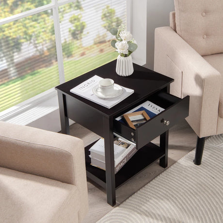 2 Pcs Wooden Nightstand End Sofa Side Table with Drawer and Storage Shelf-Black