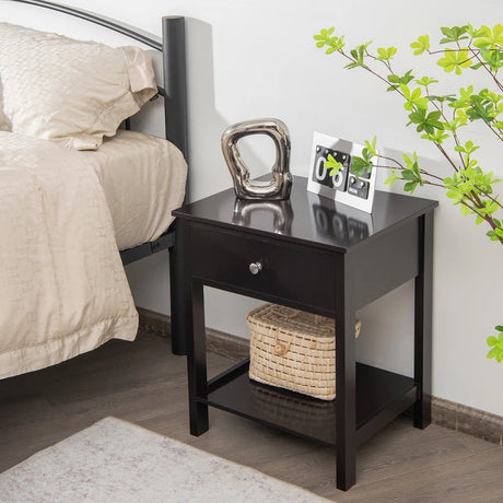 2 Pcs Wooden Nightstand End Sofa Side Table with Drawer and Storage Shelf-Black