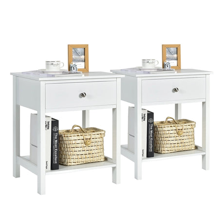2 Pcs Wooden Nightstand End Sofa Side Table with Drawer and Storage Shelf-White