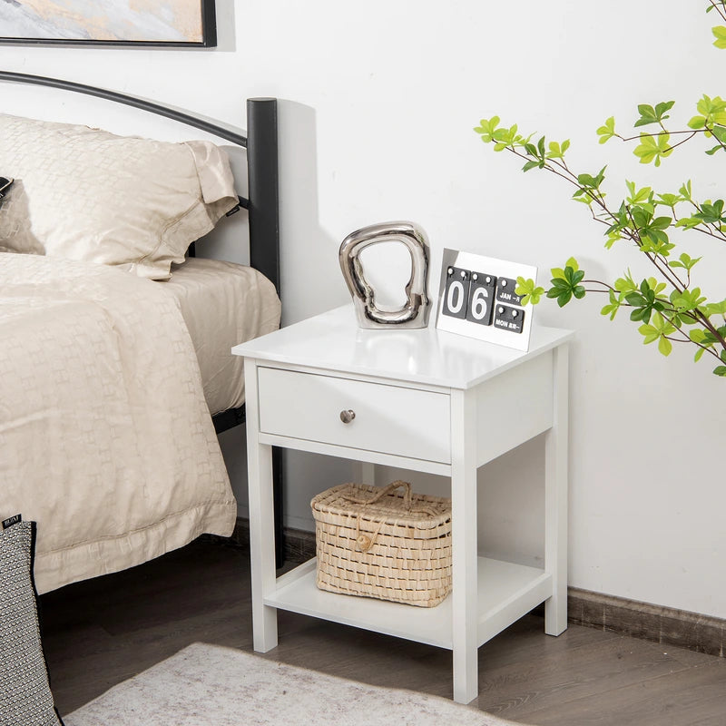 2 Pcs Wooden Nightstand End Sofa Side Table with Drawer and Storage Shelf-White