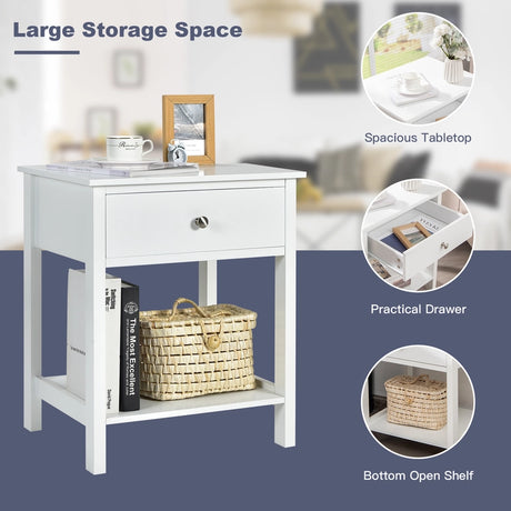 2 Pcs Wooden Nightstand End Sofa Side Table with Drawer and Storage Shelf-White