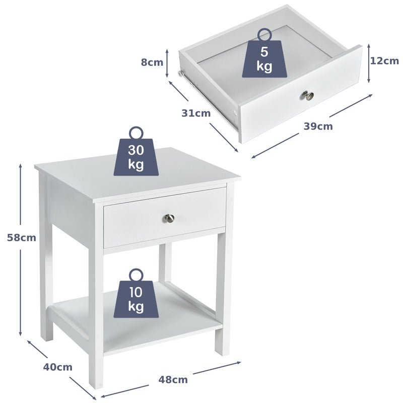2 Pcs Wooden Nightstand End Sofa Side Table with Drawer and Storage Shelf-White