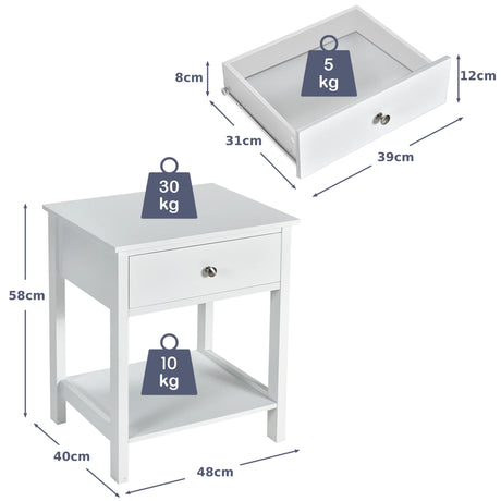 2 Pcs Wooden Nightstand End Sofa Side Table with Drawer and Storage Shelf-White