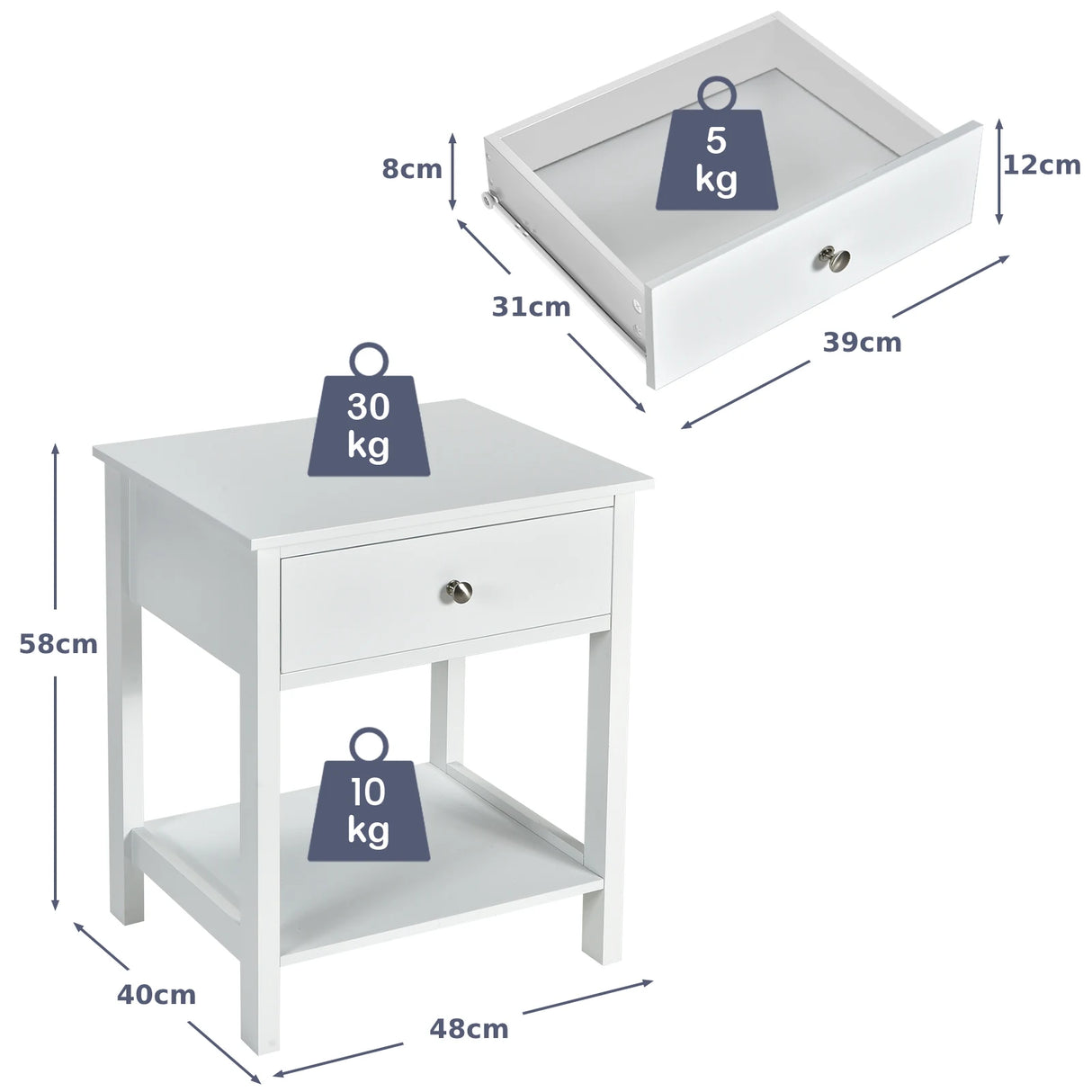 2 Pcs Wooden Nightstand End Sofa Side Table with Drawer and Storage Shelf-White