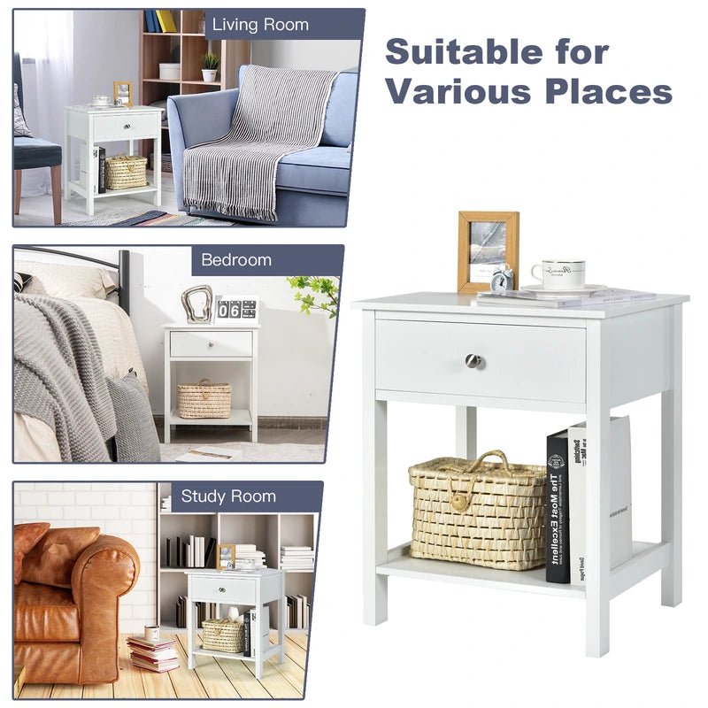 2 Pcs Wooden Nightstand End Sofa Side Table with Drawer and Storage Shelf-White
