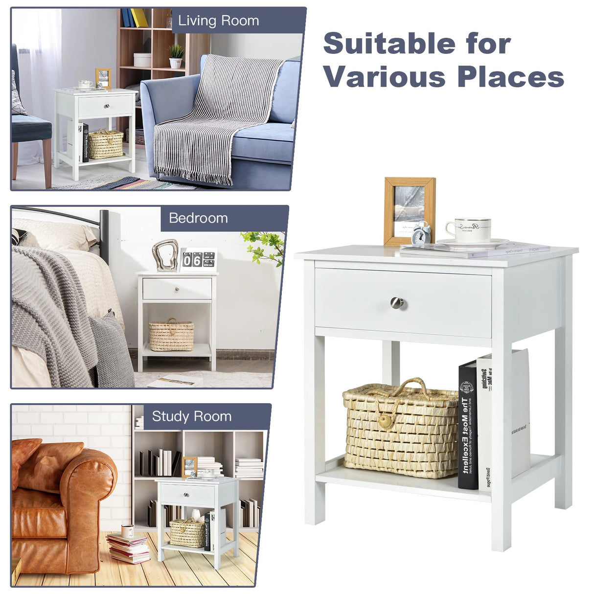 2 Pcs Wooden Nightstand End Sofa Side Table with Drawer and Storage Shelf-White