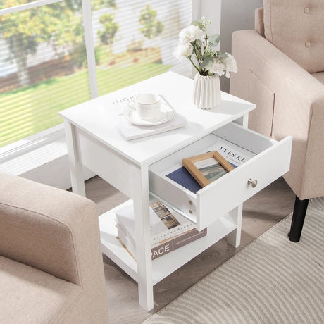 2 Pcs Wooden Nightstand End Sofa Side Table with Drawer and Storage Shelf-White