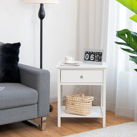 2 Pcs Wooden Nightstand End Sofa Side Table with Drawer and Storage Shelf-White