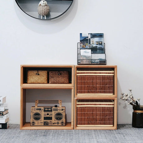 Set of 2 Folding Bamboo Storage Boxes with Removable Lids &amp; Handles-Coffee