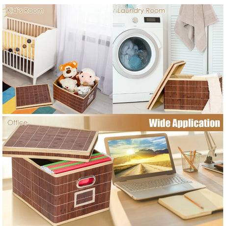 Set of 2 Folding Bamboo Storage Boxes with Removable Lids &amp; Handles-Coffee