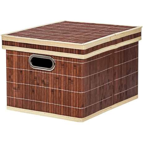 Set of 2 Folding Bamboo Storage Boxes with Removable Lids &amp; Handles-Coffee
