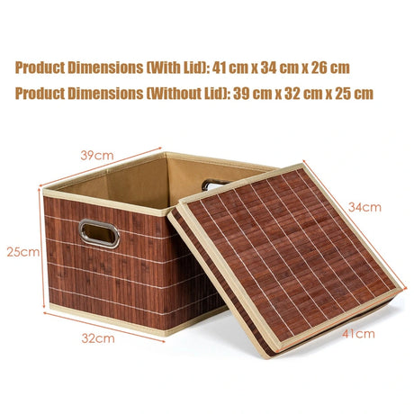 Set of 2 Folding Bamboo Storage Boxes with Removable Lids &amp; Handles-Coffee
