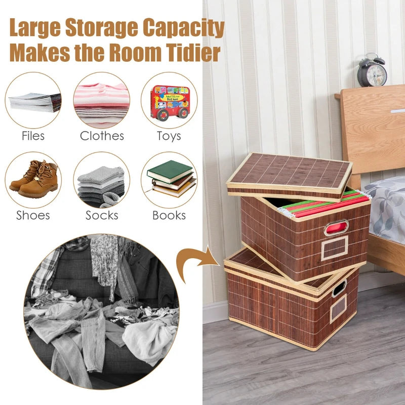 Set of 2 Folding Bamboo Storage Boxes with Removable Lids &amp; Handles-Coffee