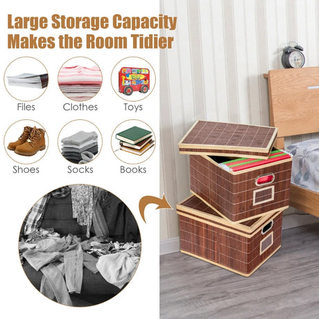 Set of 2 Folding Bamboo Storage Boxes with Removable Lids &amp; Handles-Coffee