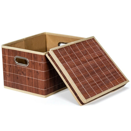 Set of 2 Folding Bamboo Storage Boxes with Removable Lids &amp; Handles-Coffee