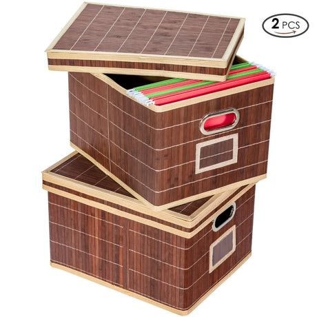 Set of 2 Folding Bamboo Storage Boxes with Removable Lids &amp; Handles-Coffee