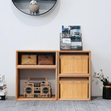 Set of 2 Folding Bamboo Storage Boxes with Removable Lids &amp; Handles-Natural