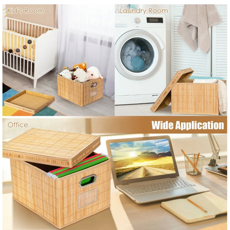 Set of 2 Folding Bamboo Storage Boxes with Removable Lids &amp; Handles-Natural