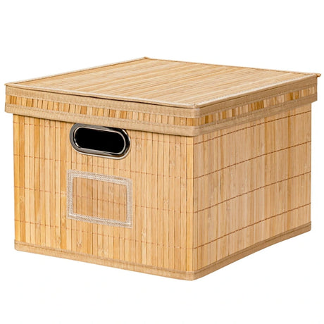 Set of 2 Folding Bamboo Storage Boxes with Removable Lids &amp; Handles-Natural