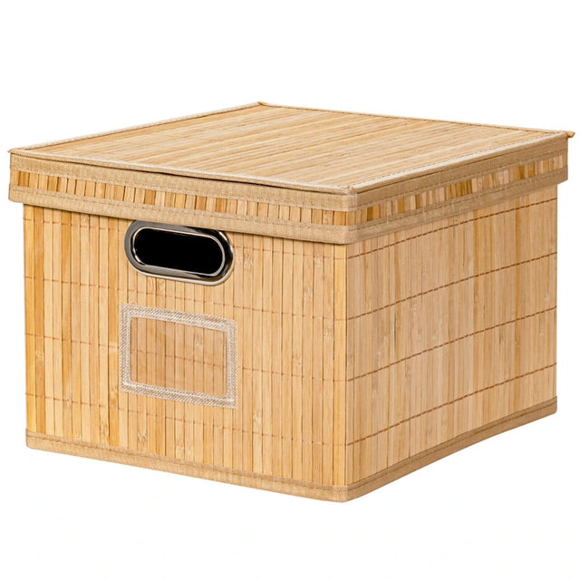 Set of 2 Folding Bamboo Storage Boxes with Removable Lids &amp; Handles-Natural