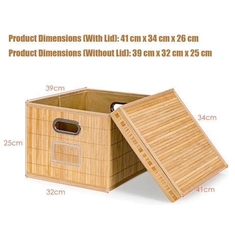 Set of 2 Folding Bamboo Storage Boxes with Removable Lids &amp; Handles-Natural