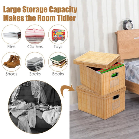 Set of 2 Folding Bamboo Storage Boxes with Removable Lids &amp; Handles-Natural