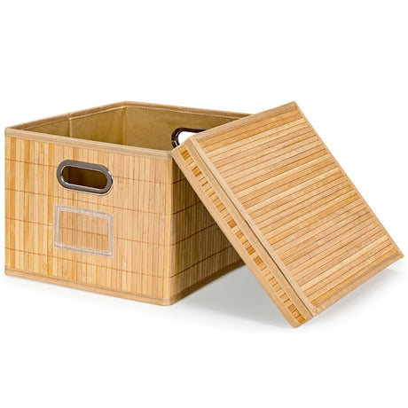 Set of 2 Folding Bamboo Storage Boxes with Removable Lids &amp; Handles-Natural