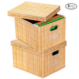 Set of 2 Folding Bamboo Storage Boxes with Removable Lids &amp; Handles-Natural