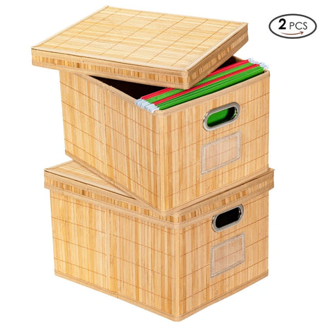 Set of 2 Folding Bamboo Storage Boxes with Removable Lids &amp; Handles-Natural