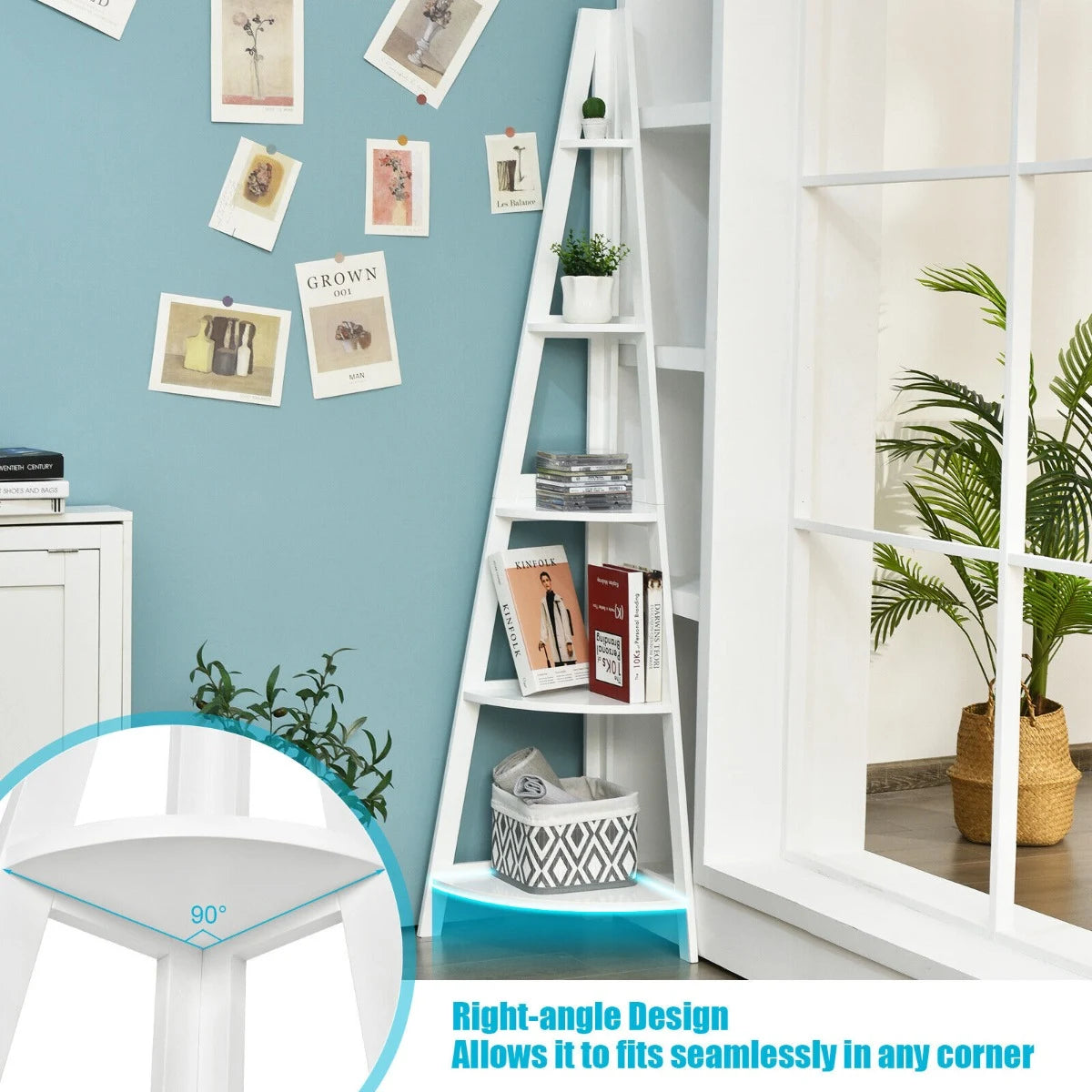 5-Tier Modern Corner Bookcase Shelf with Strong Wooden Frame-White