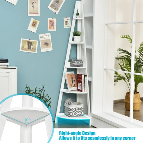 5-Tier Modern Corner Bookcase Shelf with Strong Wooden Frame-White